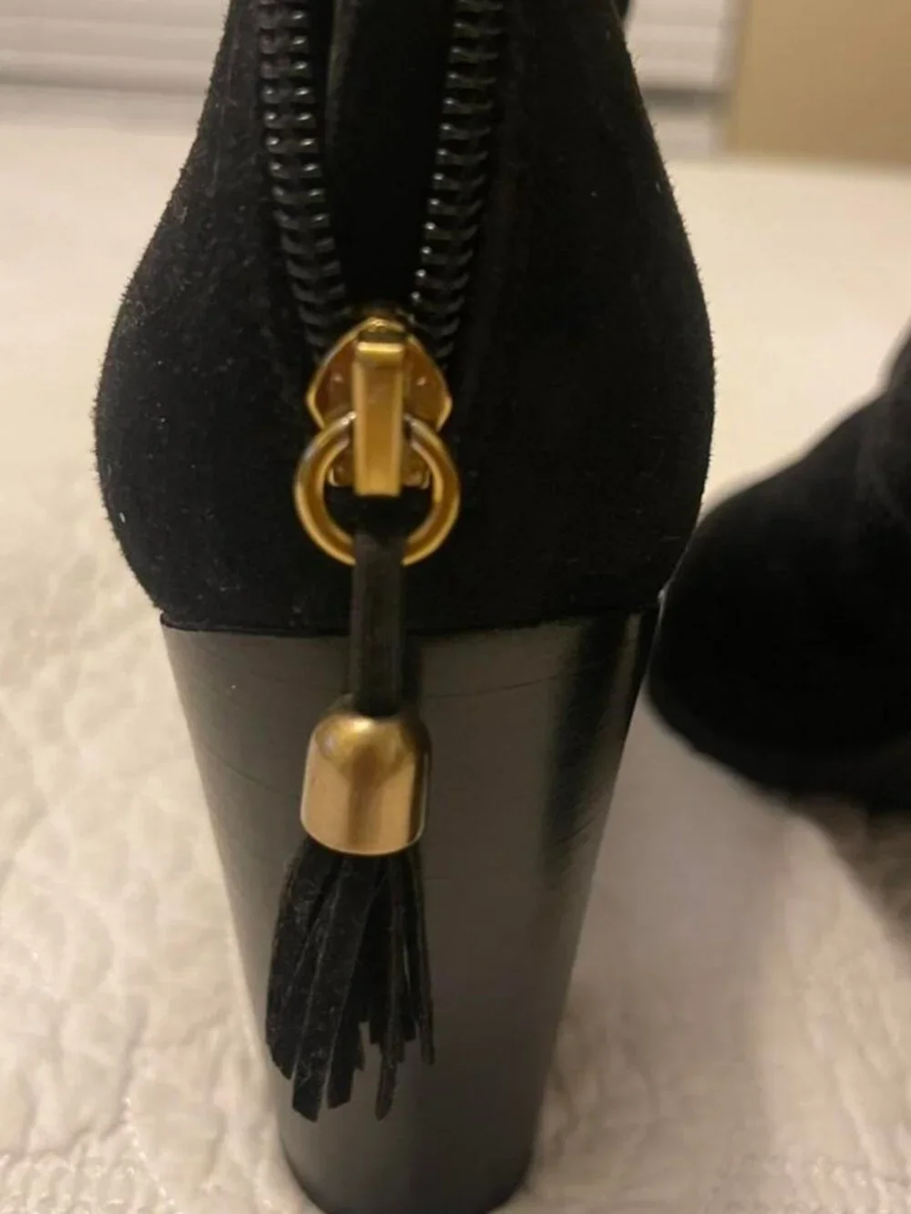 Black Suede Ankle Boots with Gold Tassel Detail, Size 10